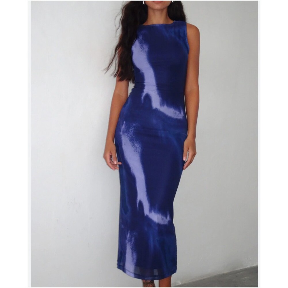 Motel Fayola Dress Womens XXS Blue Watercolour Mesh High Neck Bodycon Long